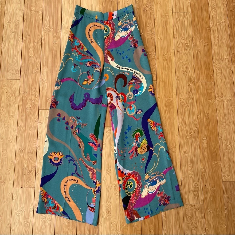 ETRO turquoise satin silk wide leg pants with colourful patterns size 38 XS - Picture 5 of 8